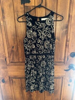 LOFT Black Midi Dress with Cream Floral Print